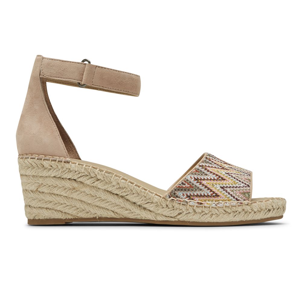 Rockport Women's Marah Woven Ankle Strap Wedges Sandals - Khaki - USA (4783AHTMP)